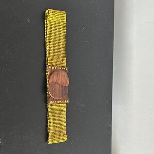Yellow Beaded Belt with Wooden Accent